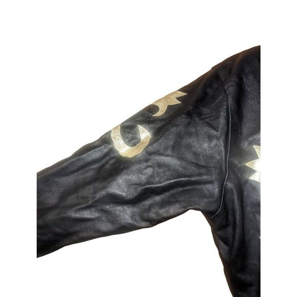 Vintage 80s Man Art Gold Embroidered Black Leather Jacket - Picture 3 of 12